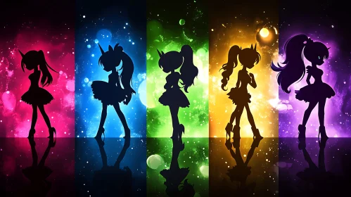 Silhouetted Anime Characters in a Cosmic Setting