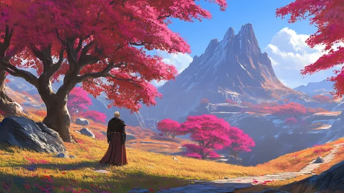 Person Admiring Pink Blossom Mountain Vista