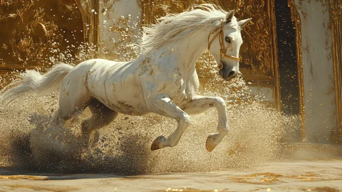 White Horse in Motion with Golden Background