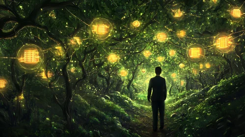 Mystical Forest Path with Luminous Spheres