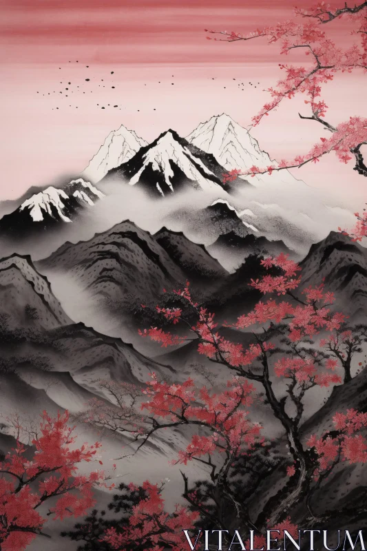 Mountain Landscape with Blossoms AI Image