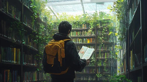 Lush Library Scene with Reader