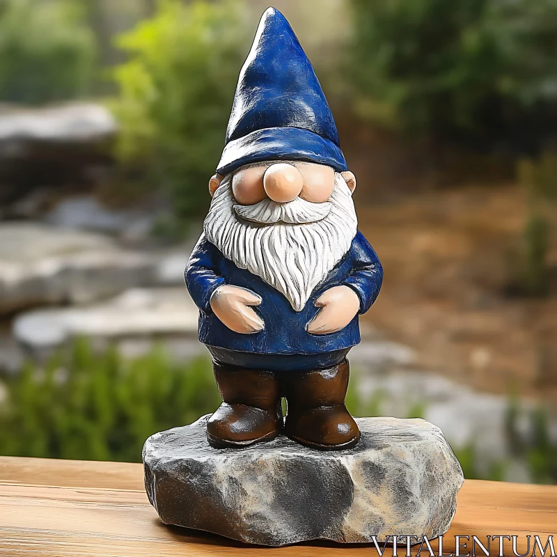 Garden Gnome Statue on Stone AI Image