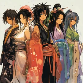 Group of Anime Characters in Colorful Kimonos