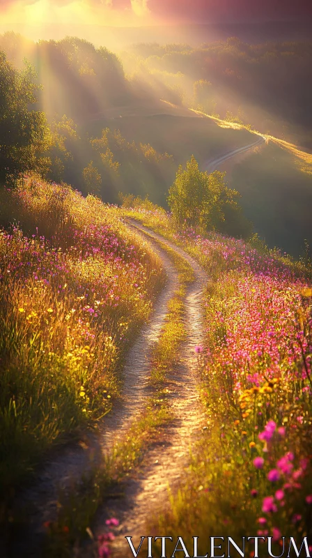 AI ART Meadow Pathway with Sunbeams