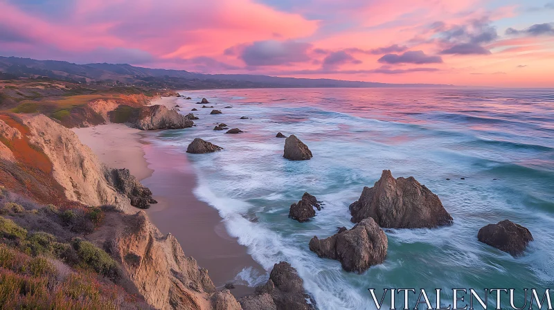 Picturesque Ocean Coastline at Twilight AI Image