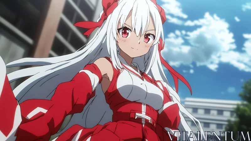 Confident Anime Girl in Red and White Costume AI Image