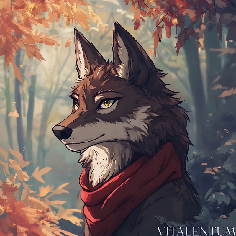 AI ART Autumnal Wolf Portrait with Red Scarf