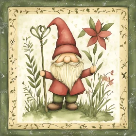 Whimsical Gnome with Flower and Staff