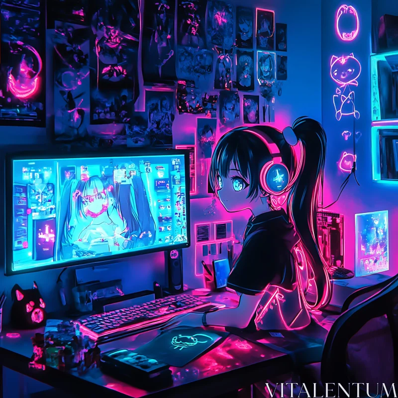 AI ART Neon Gaming Room with Anime Girl