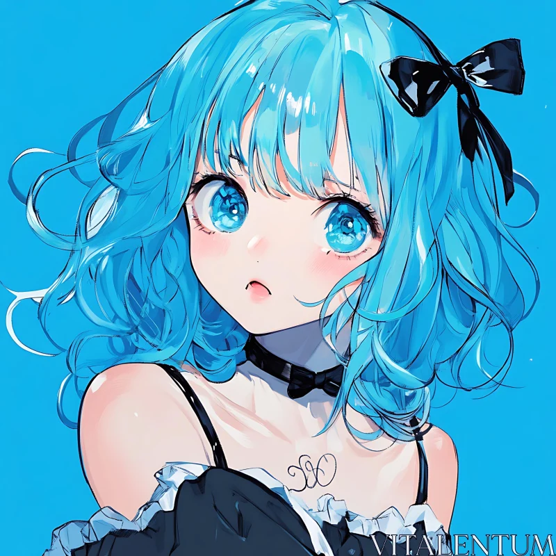 Cute Anime Girl with Blue Bow AI Image