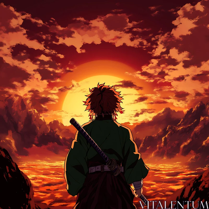 AI ART Warrior Against Sunset in Anime Landscape