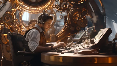 Man Operating Steampunk Machine