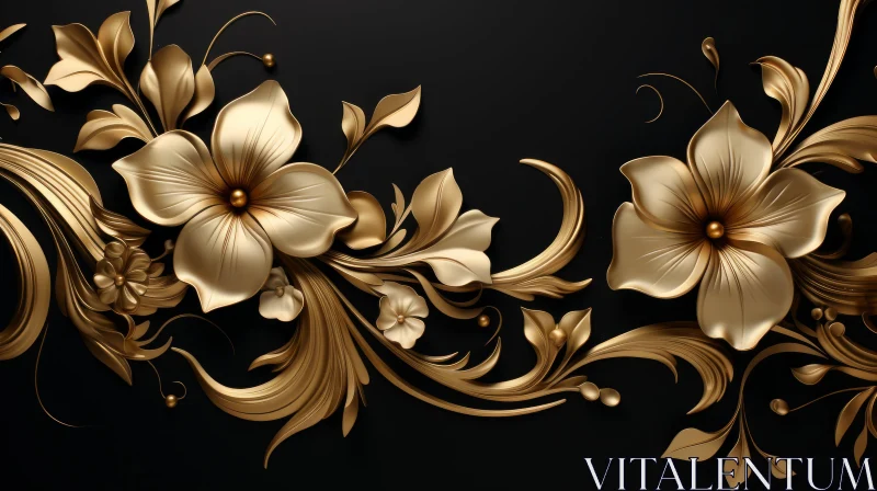 AI ART Golden Floral Art on Black Background - Rococo Inspired Design