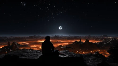 Meditative Moonrise Over Mountains in a Sci-Fi Landscape