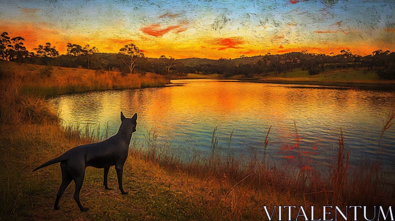 Peaceful Sunset by the Lake with a Dog AI Image