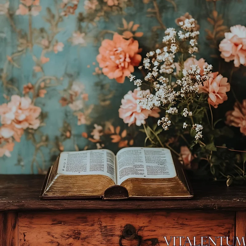 Antique Book and Flowers Still Life AI Image