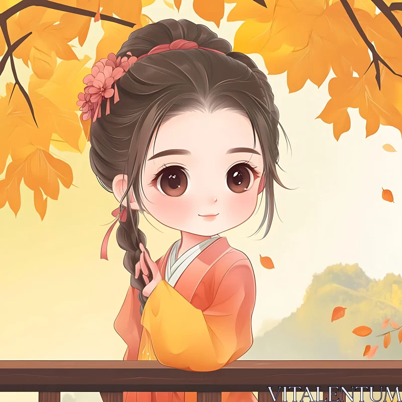 Anime Girl with Autumn Leaves AI Image