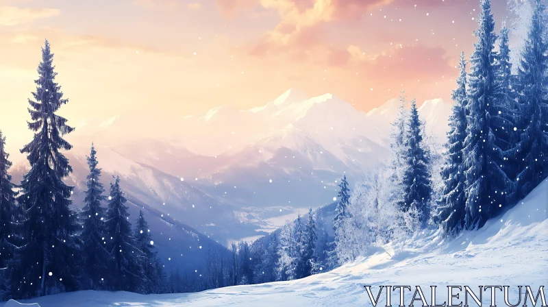 AI ART Snowy Mountain Scene with Pine Trees