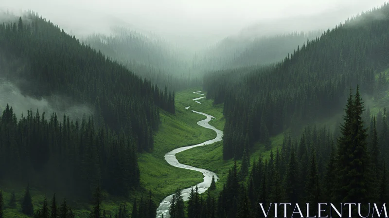 Misty Forest Valley with Serene River AI Image