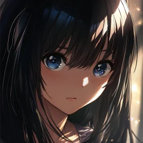 Anime Girl with Dark Hair and Reflective Gaze