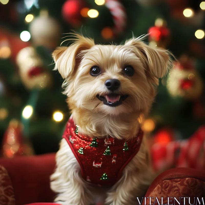 Cute Dog in Festive Attire by Christmas Tree AI Image