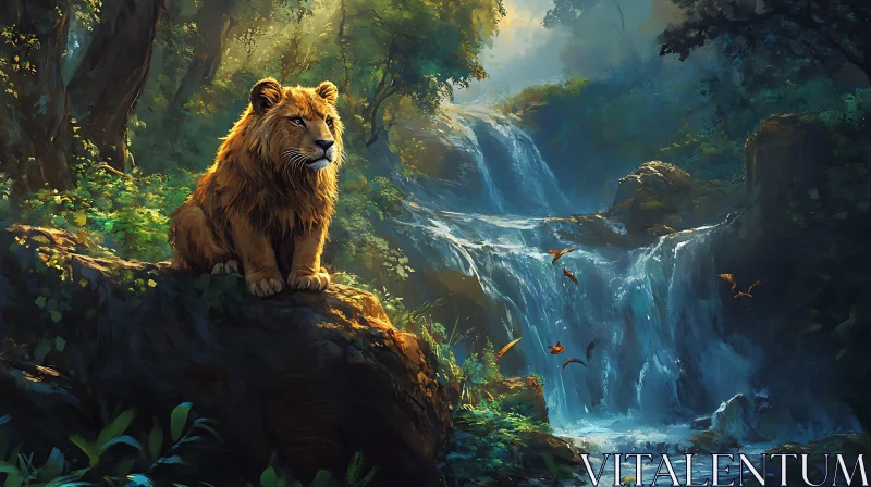 AI ART Regal Lion Overlooking Waterfall