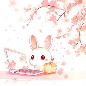Cute Rabbit Using Laptop Under Floral Tree