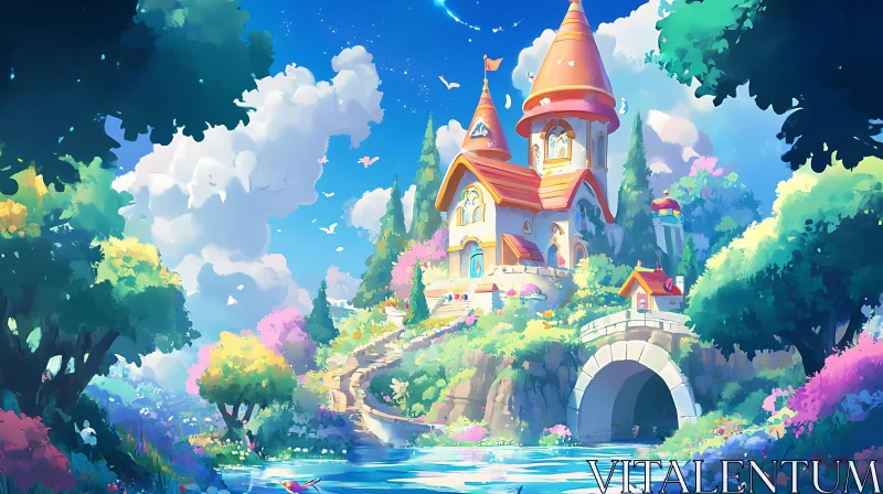 Whimsical Castle in a Vibrant Fantasy Landscape AI Image