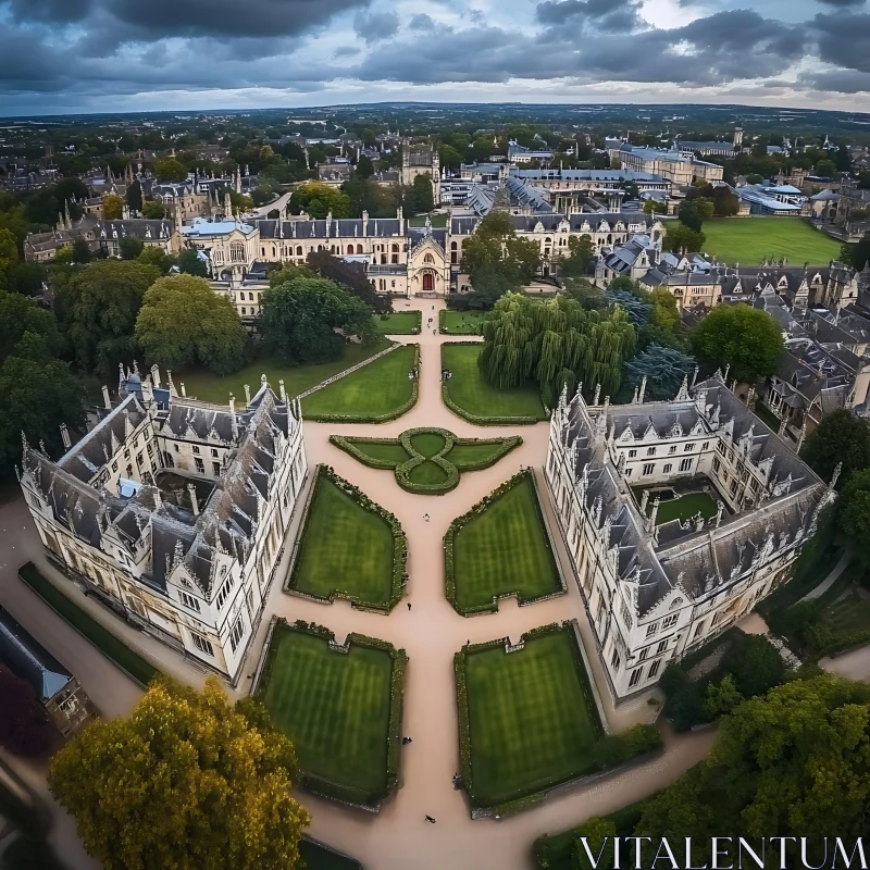 AI ART Historic Stone Buildings and Symmetrical Gardens from Above