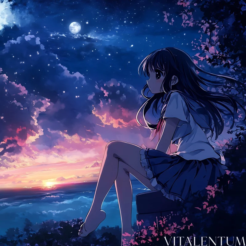 Night Sky with Moon and Stars: Anime Girl AI Image