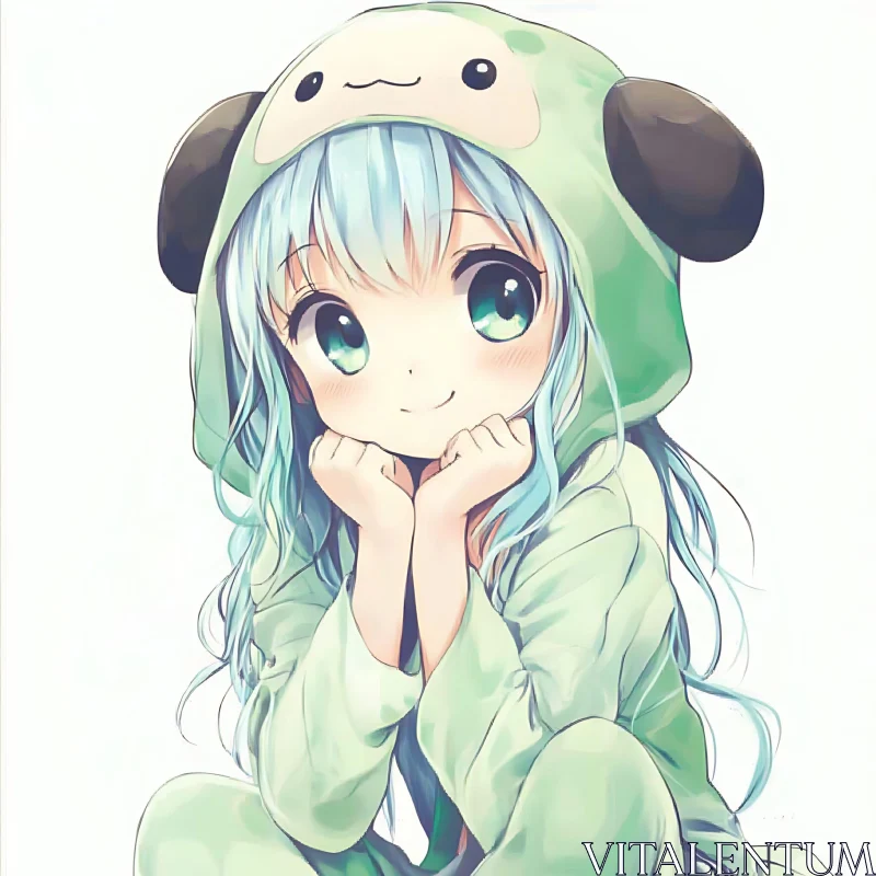 Cute Anime Girl with Big Eyes and Green Hoodie AI Image