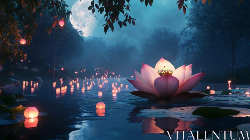 AI ART Enchanted Water Lantern Festival with Full Moon