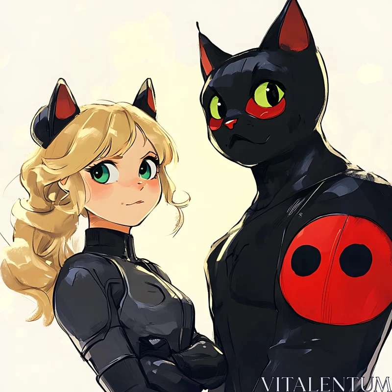 Blonde and Black Cat Characters in Anime Style AI Image