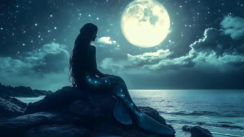 Mystical Mermaid Contemplating the Night Sea