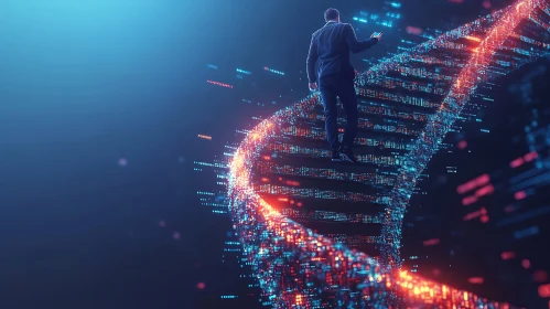 Digital Ascent: Man on the DNA Stairway