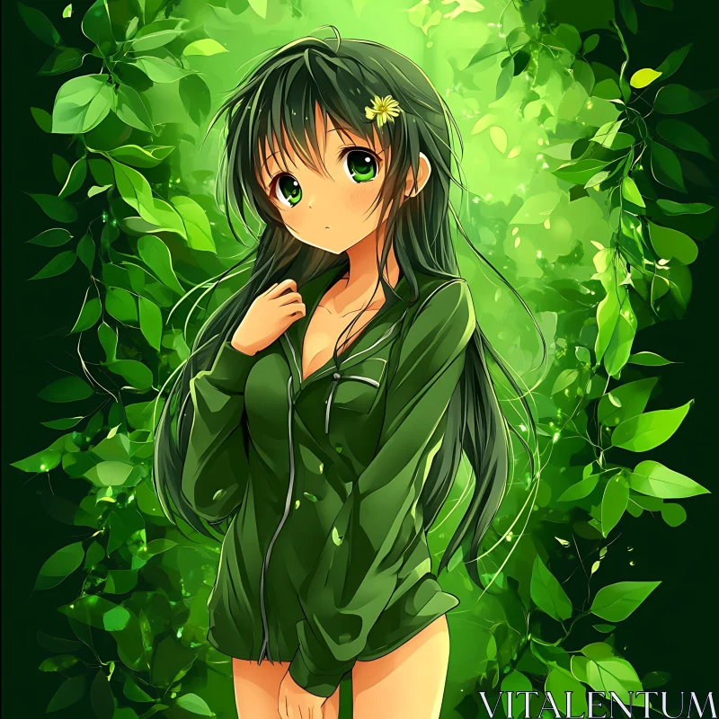 AI ART Green Anime Girl in Natural Setting