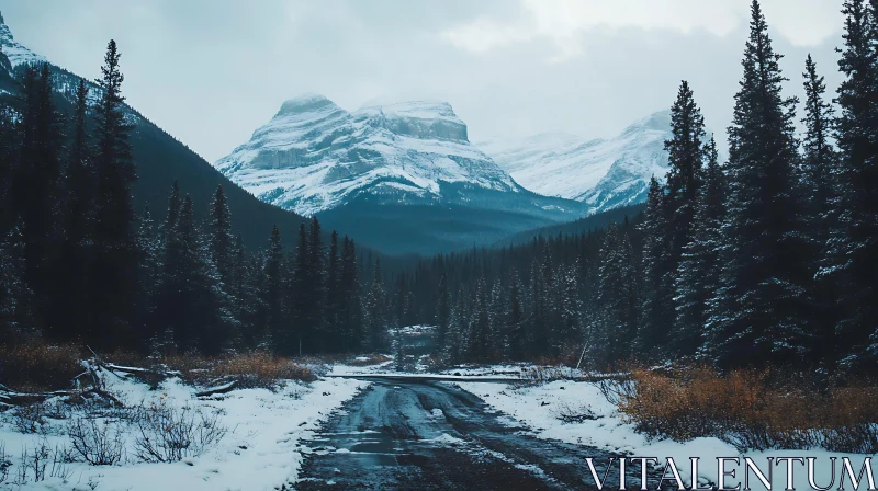 Snowy Mountain Forest Road View AI Image