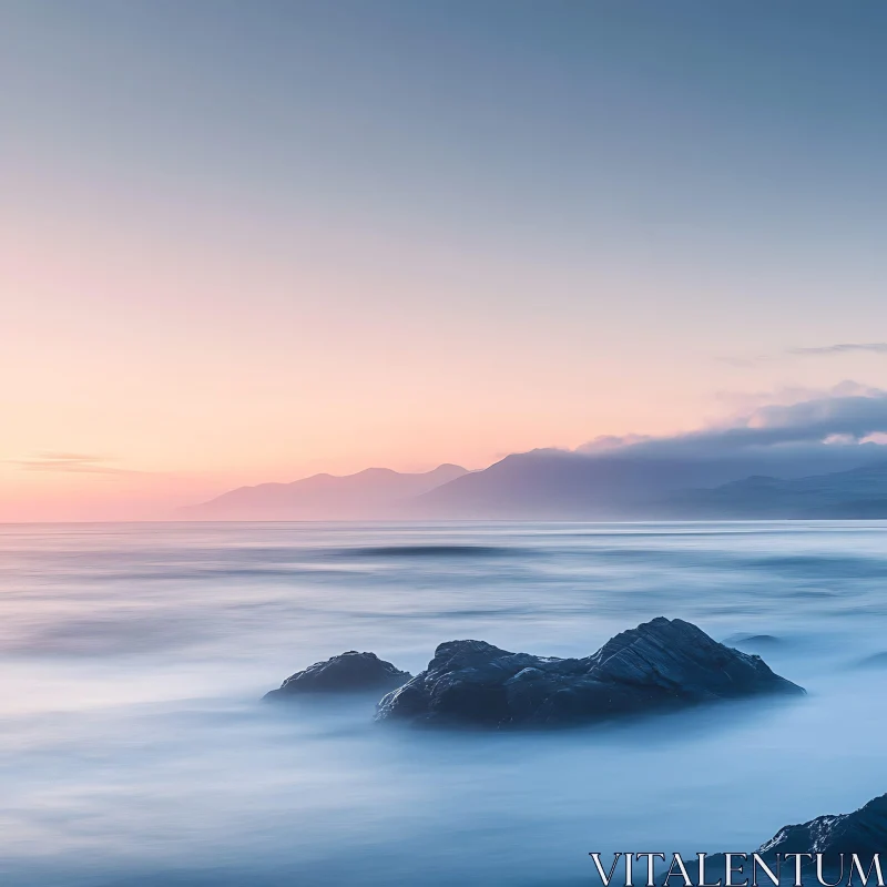 Serene Coastal Sunrise with Rocks AI Image