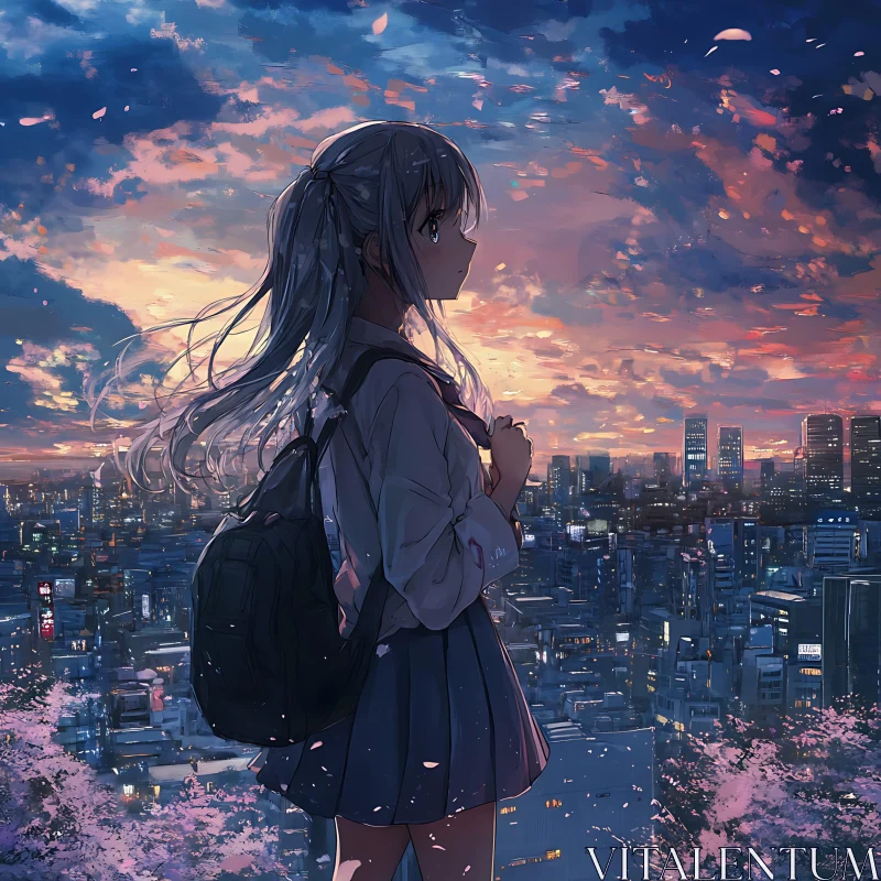 Contemplative Anime Scene with Cityscape at Sunset AI Image