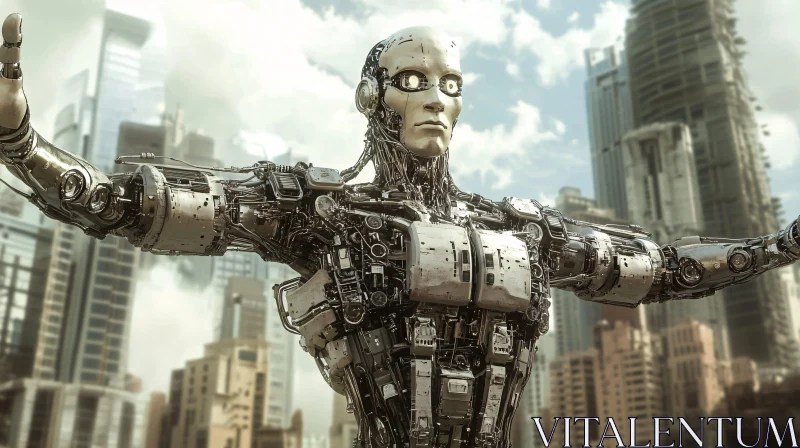 Mechanical Cyborg in a Futuristic City AI Image