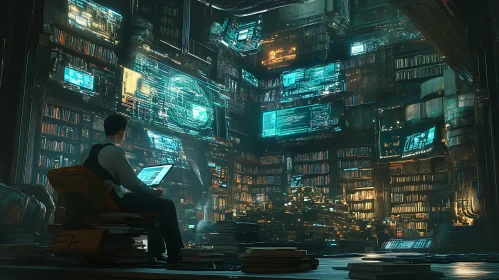 Cyberpunk Library with Glowing Data