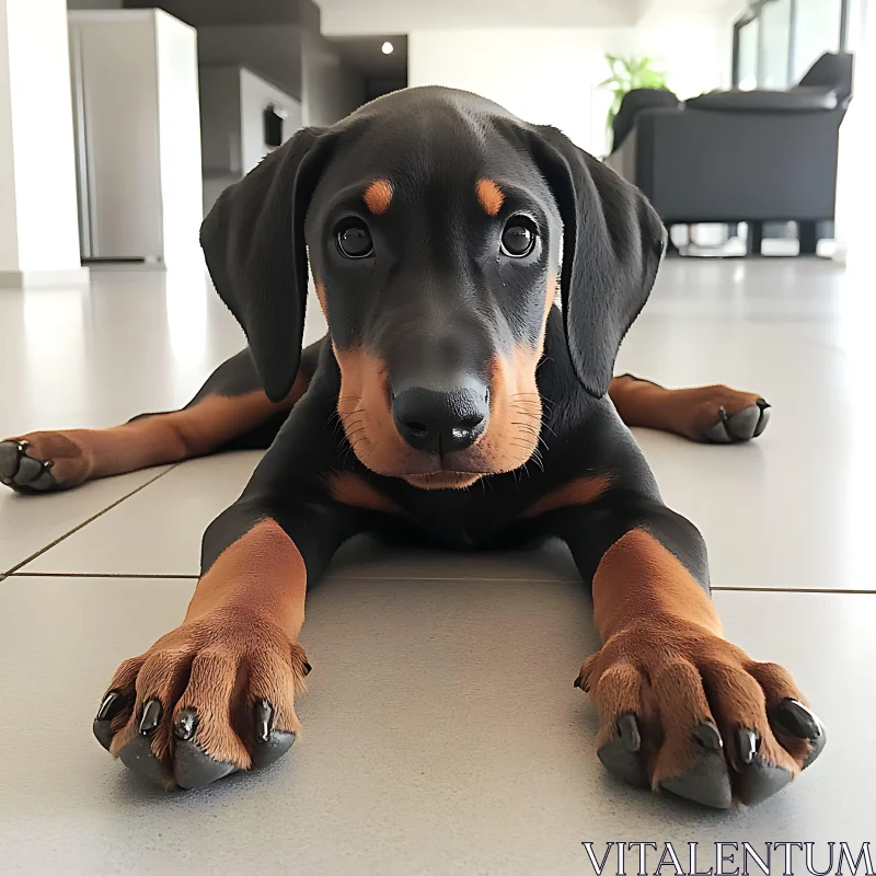 Charming Doberman Puppy on Tiled Floor AI Image