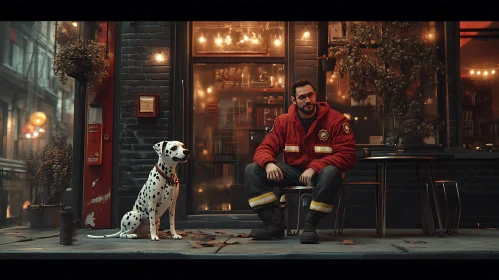 Firefighter and Dalmatian at Evening Cafe