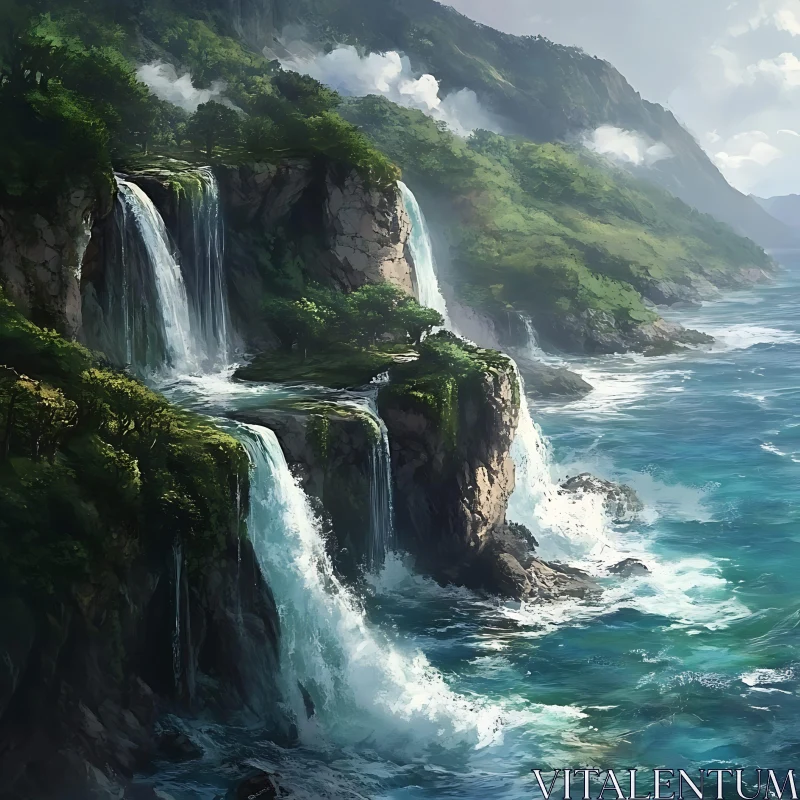 AI ART Ocean Cliffs and Waterfalls Scenery