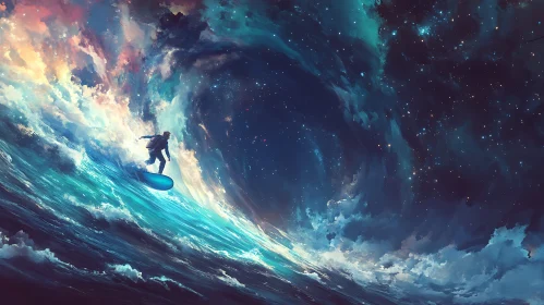 Surreal Surfer on a Starry Wave