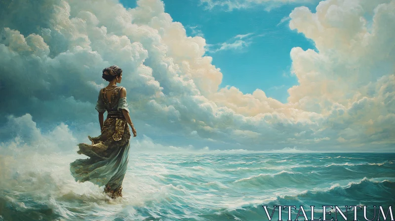 AI ART Lady in Flowing Dress by Ocean Waves with Vast Clouds