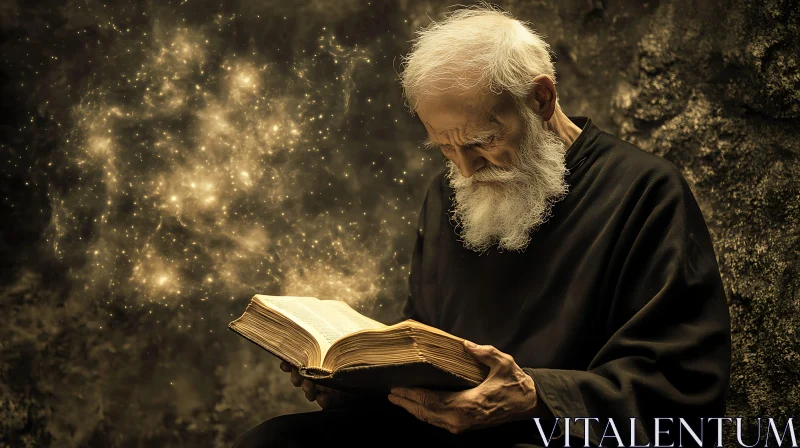 Elderly Man and Magical Book AI Image