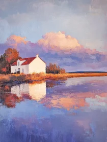 Tranquil Lake House Art with Cloudscape