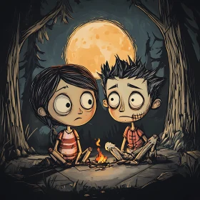 Sad Cartoon Children in Dark Forest